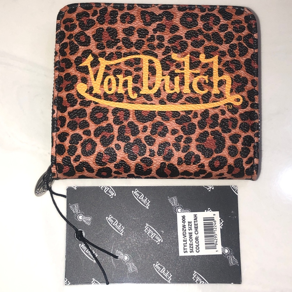 Von Dutch Cheetah Zip Up Bifold Faux Leather Wallet Yellow Logo Accent NWT